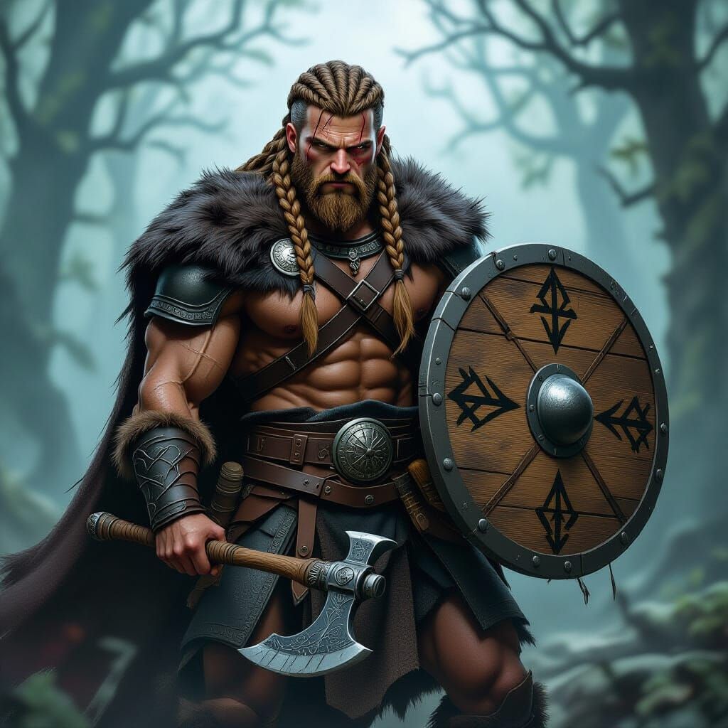 Germanic Warrior with Axe and Shield in Frank Cho Style