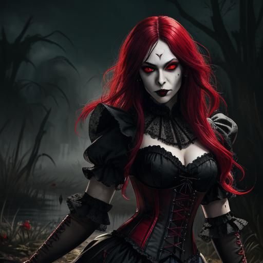 Gothic Vampire in Bayou with Red Eyes