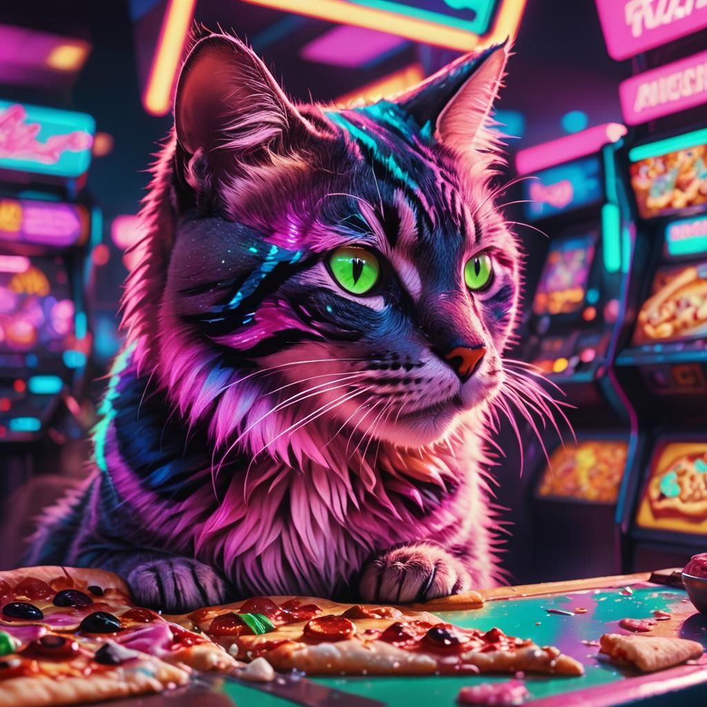 Neon Disco Cat Enjoys Pizza in Synthwave Arcade