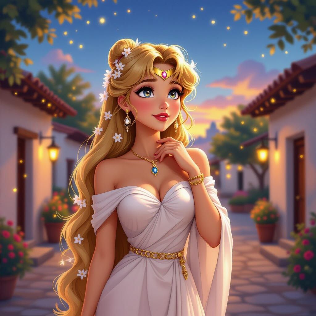 Enchanting Princess in Mexican Village at Dusk