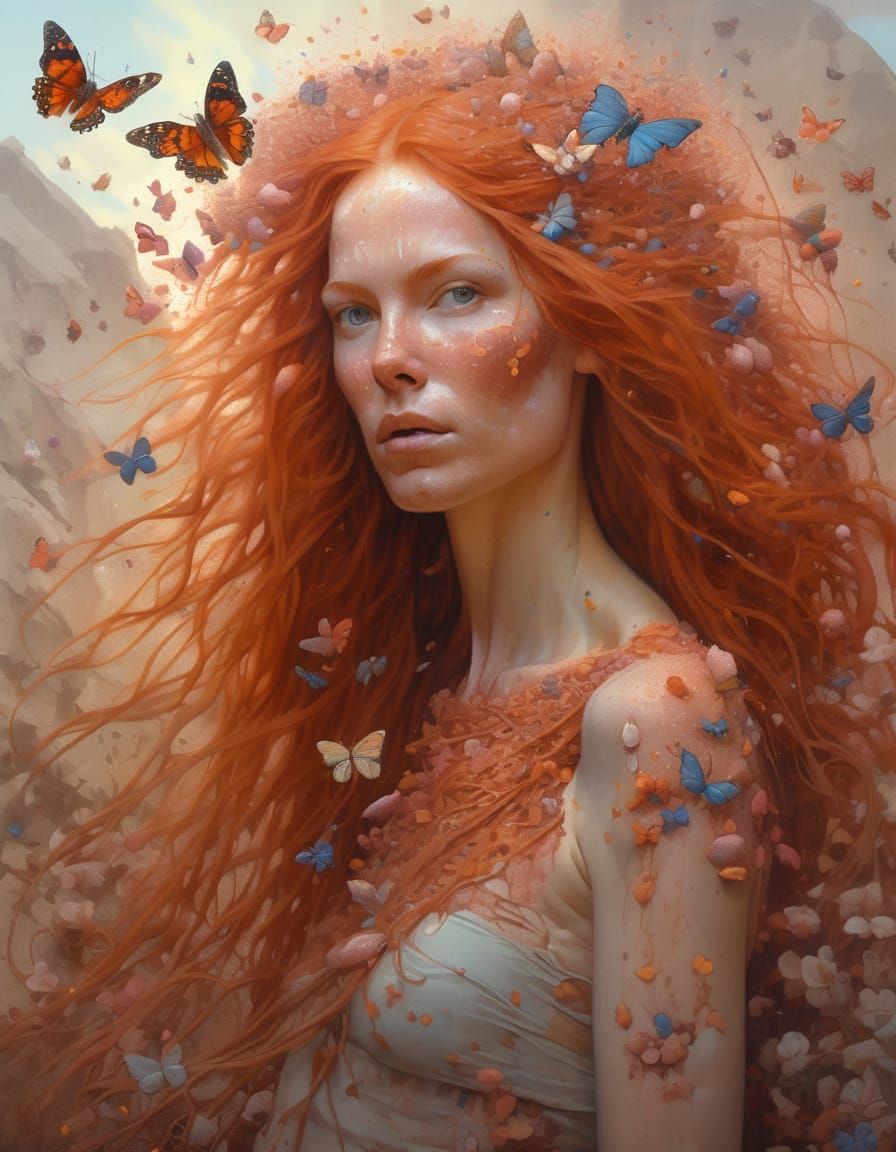 Crimson Haired Maiden in Dreamlike Oil Painting
