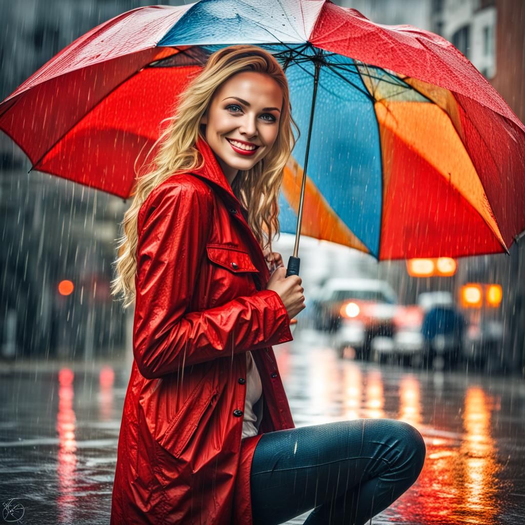 Smiling Woman in Rain with Red Umbrella