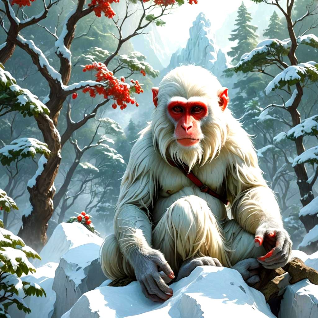 Yoga Monkey in Snow Himalayas: Detailed Matte Painting