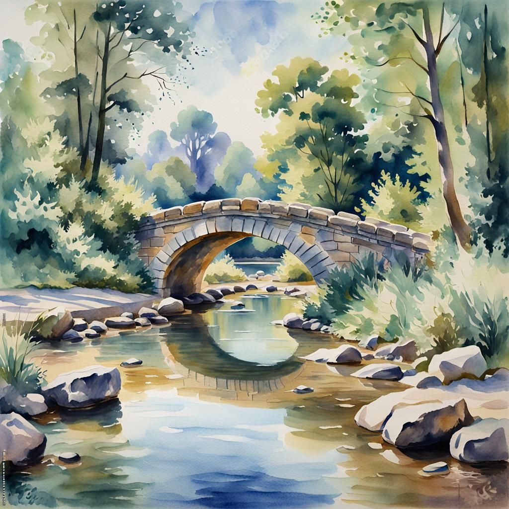 Impressionist Watercolour Stone Bridge Landscape