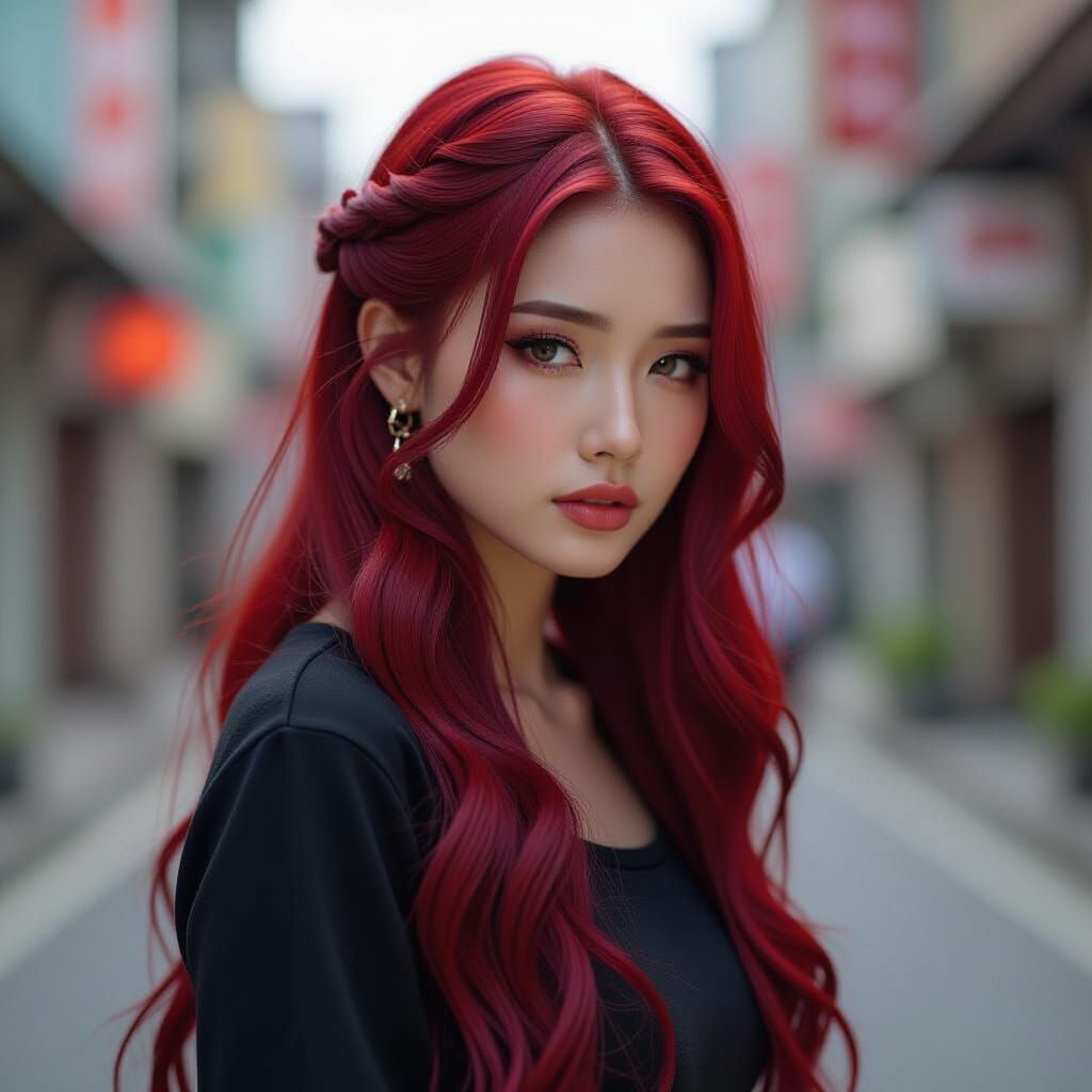 Sad Asian Woman with Elaborate Red Hair in Hyperrealistic St...