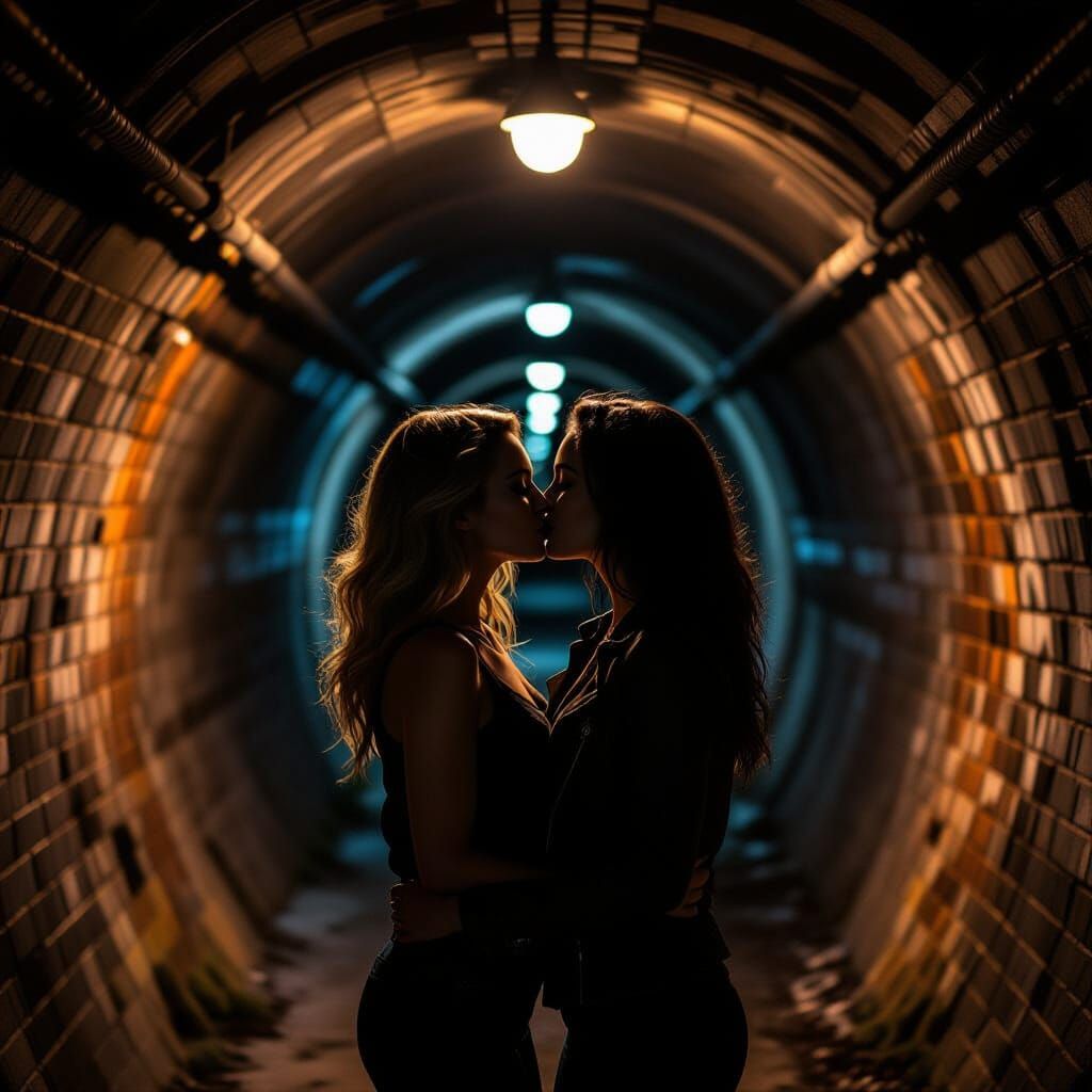 Passionate Kiss in Underground Tunnel Real Photo