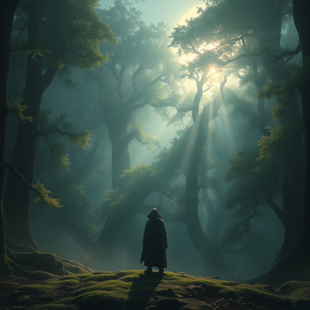 Ethereal Moonlight Over Ancient Forest in Epic Fantasy Style