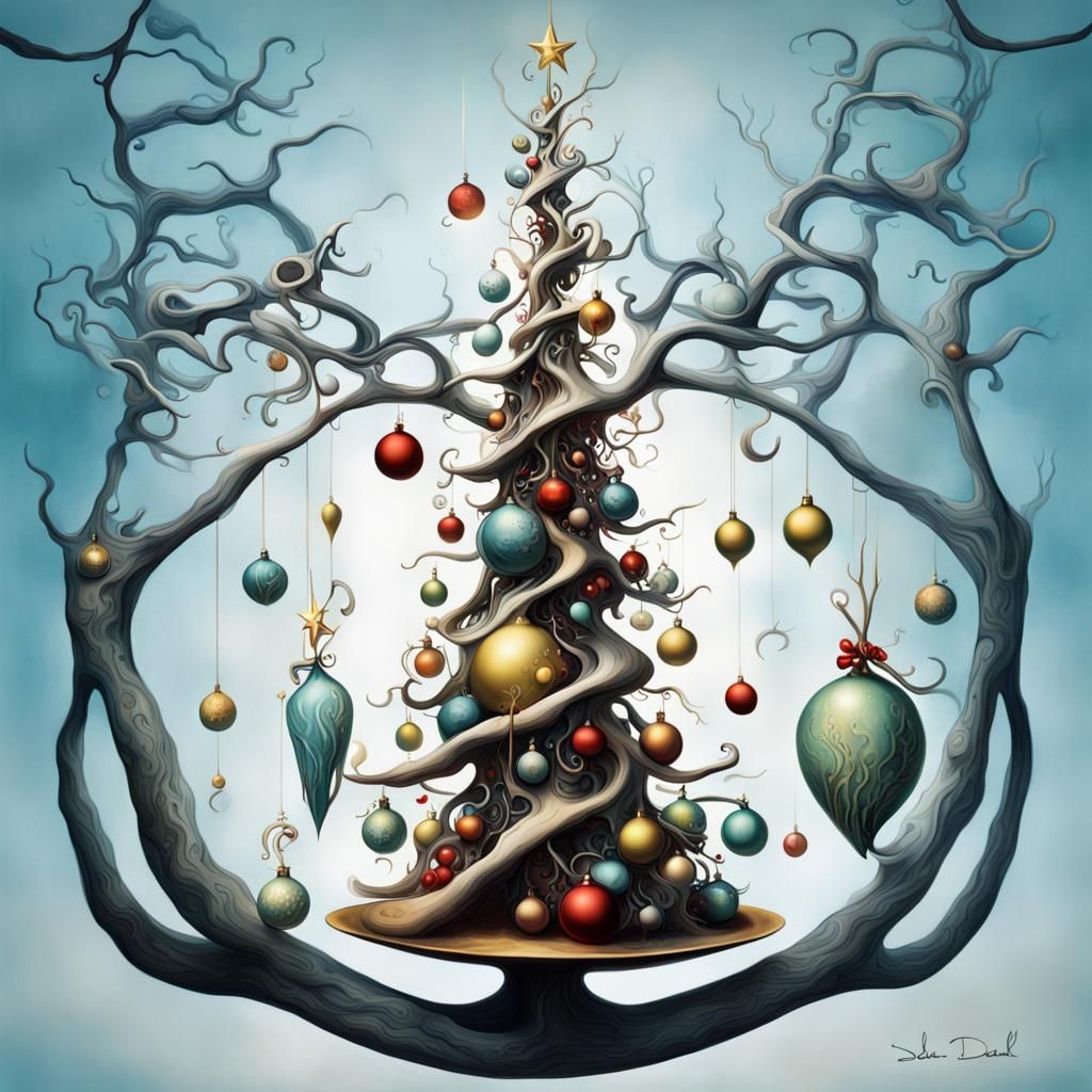16k resolution, art by Salvador Dali, Tim Burton, surreal Christmas tree, melting ornaments, whimsical shapes, unconvent...