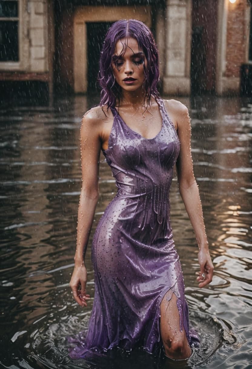 Glamorous Woman with Wet Purple Hair in Water