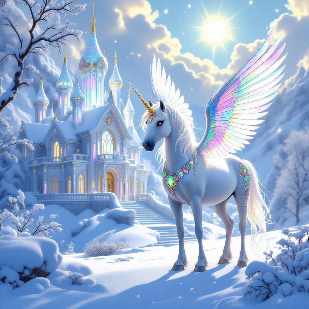 Majestic Unicorn Gazes at Gemstone Mansion in Snowy Landscap...