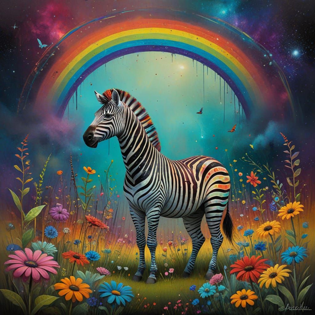 Ethereal Whimsy in Cosmic Garden with Rainbow Zebra