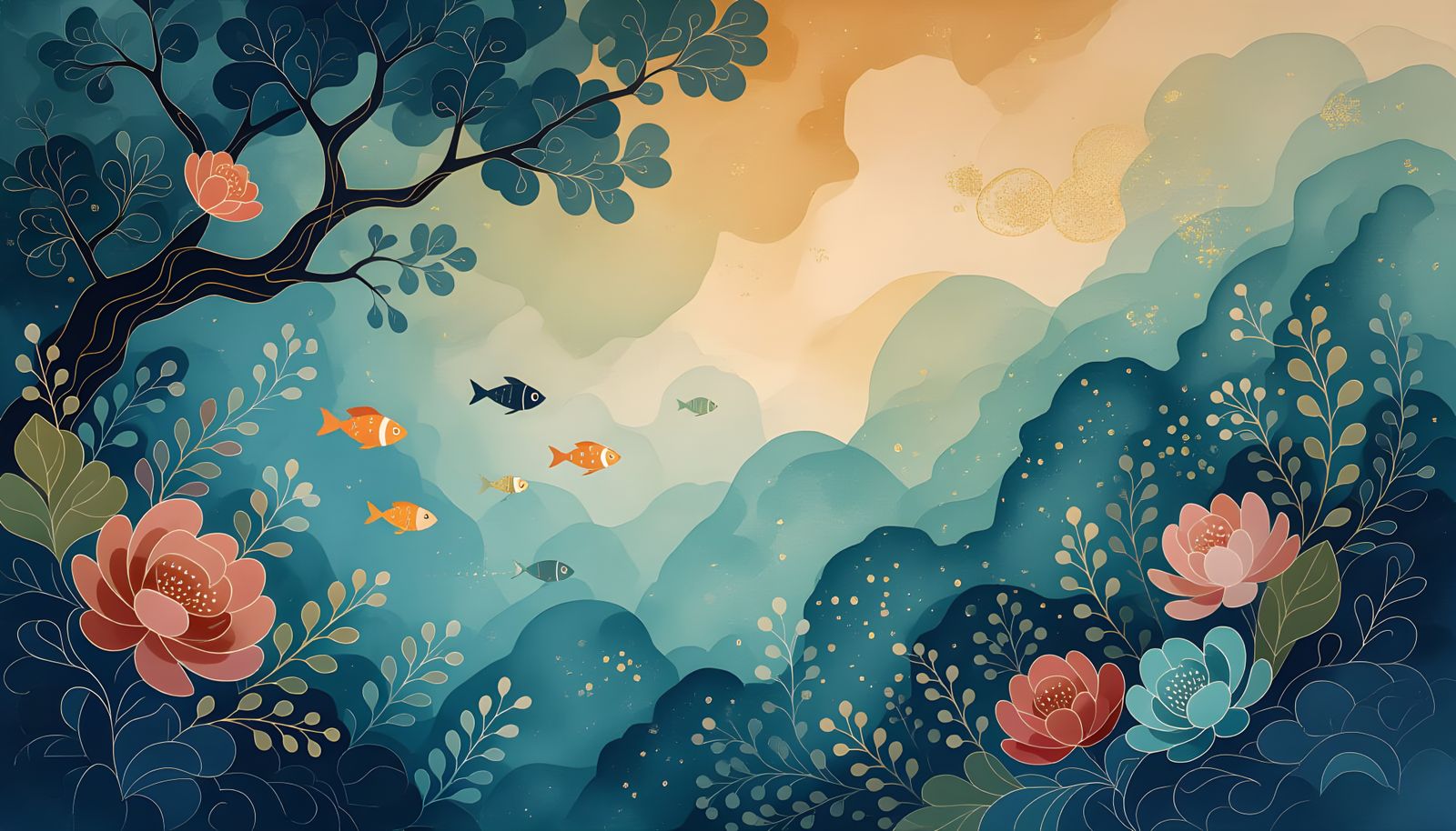 Underwater World in Chinese Ink Painting Style