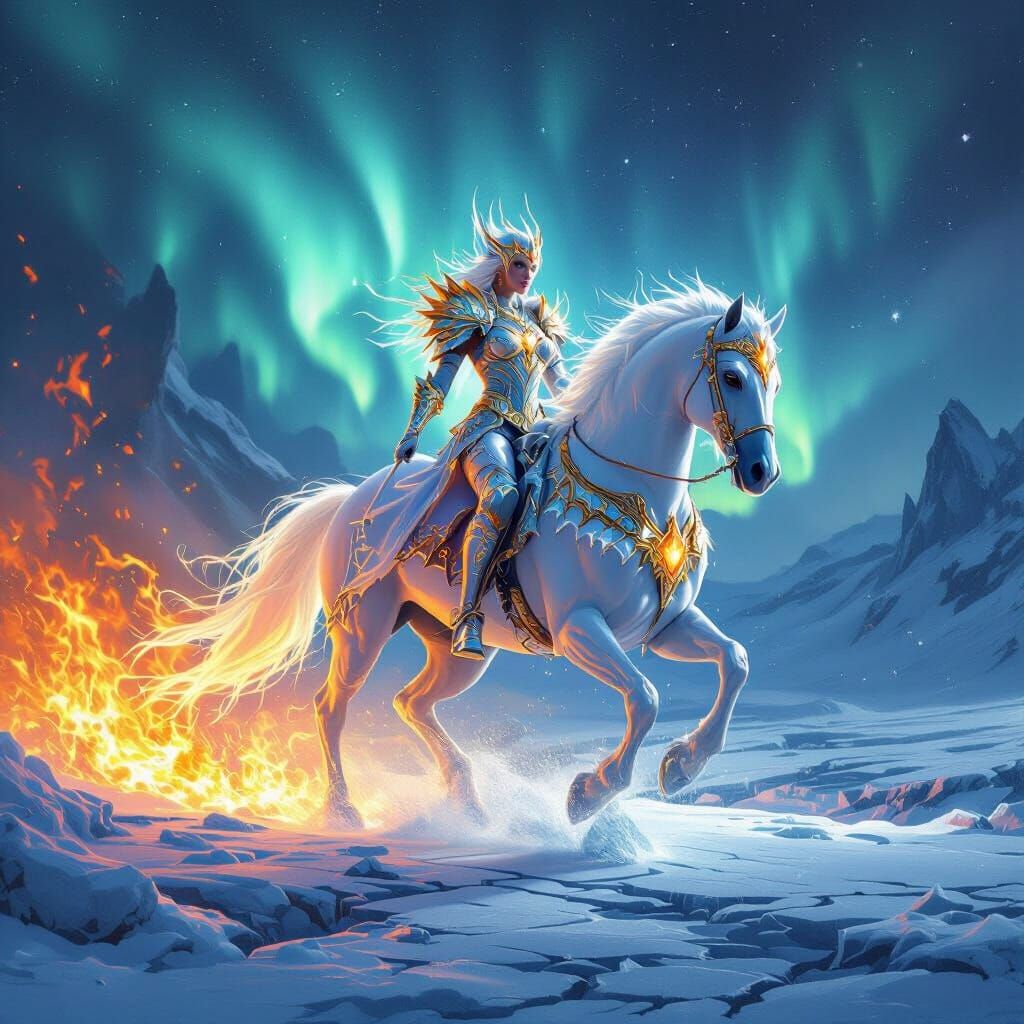 Goddess of Ice and Fire Rides White Horse in Epic Fantasy Ar...
