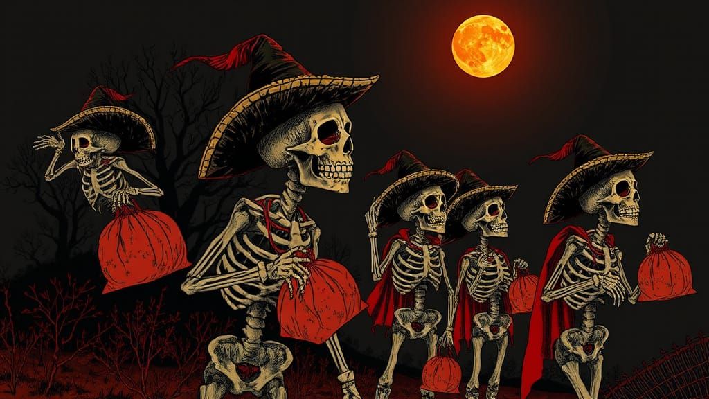 Undead Conquistador Skeletons Trick-or-Treating Under Red Mo...