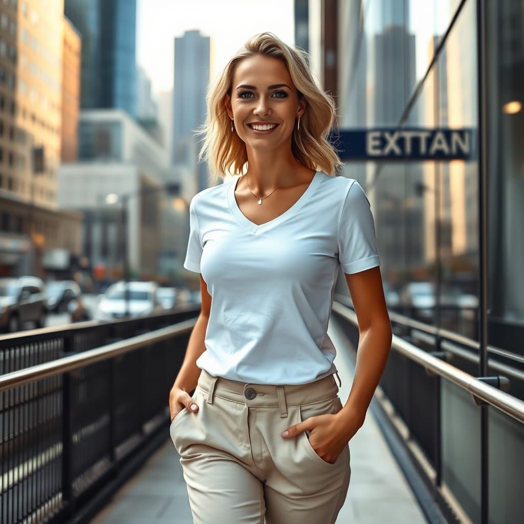 Woman in Cityscape with Atmospheric Lighting