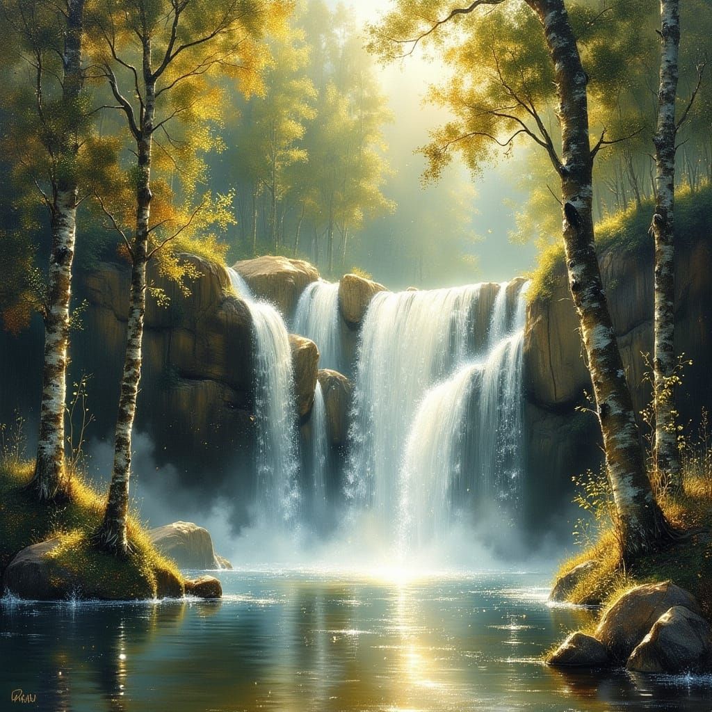 Dreamy Watercolor Irish Waterfall in Forest Glen