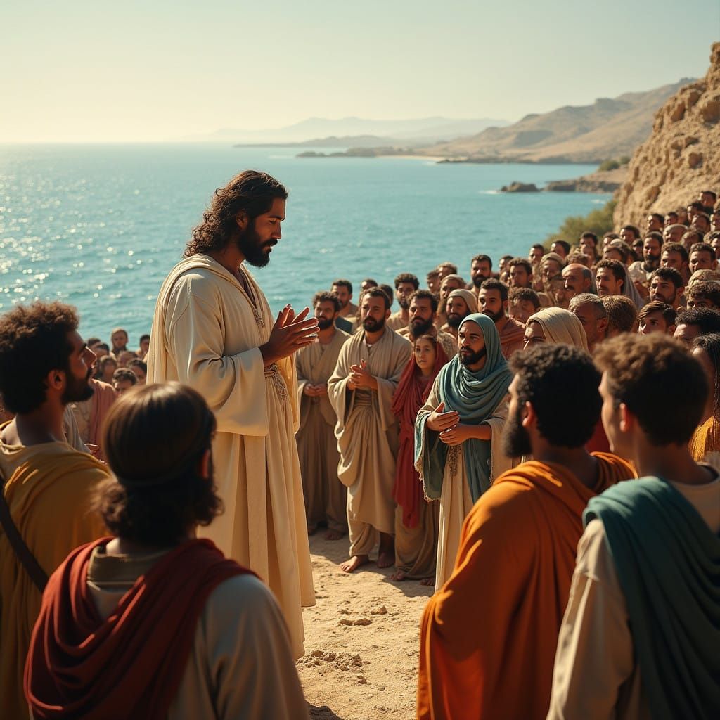 Ancient Israelites Gather Around Jesus in a Sober yet Serene...