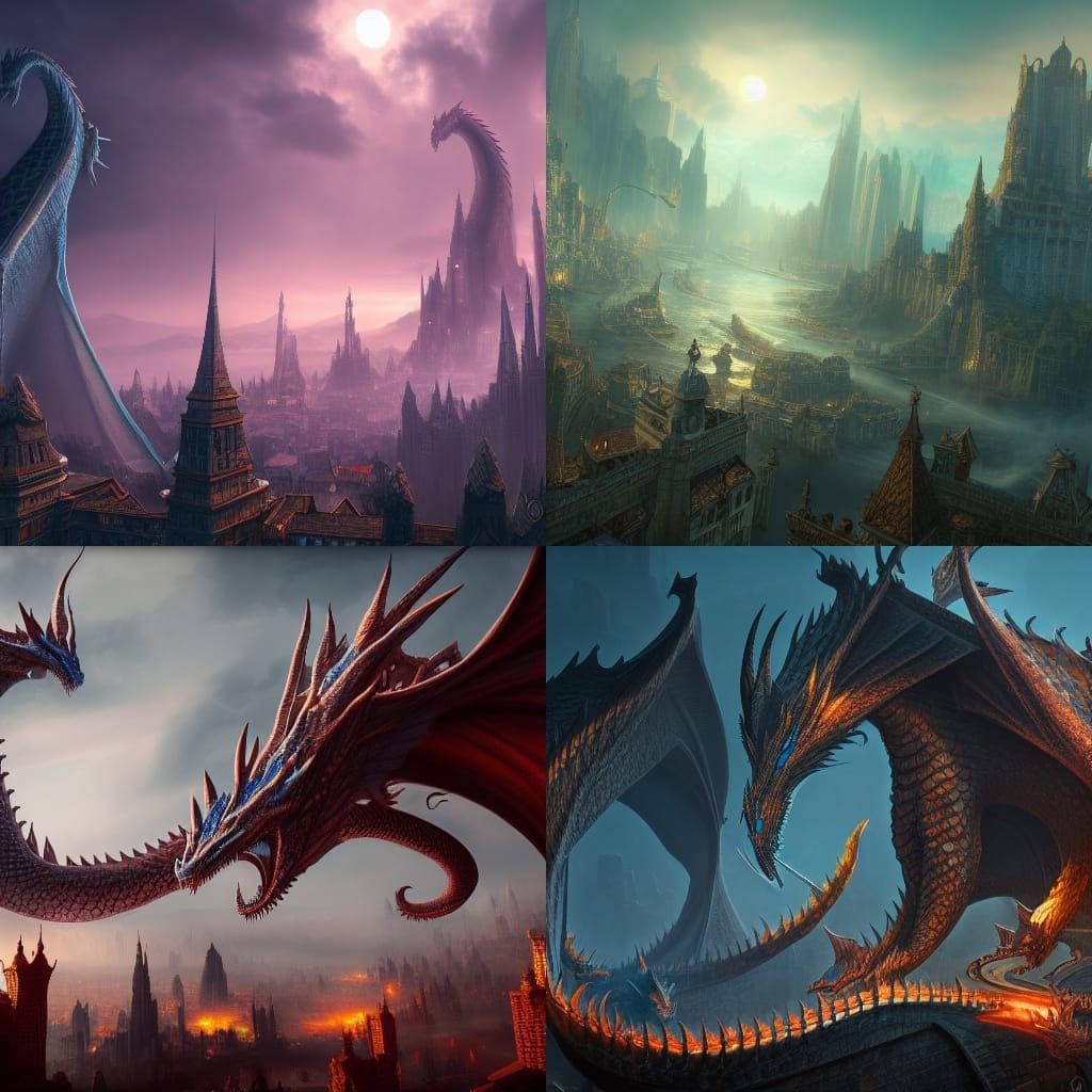 Cityscape with Dragons in Detailed Fantasy Art