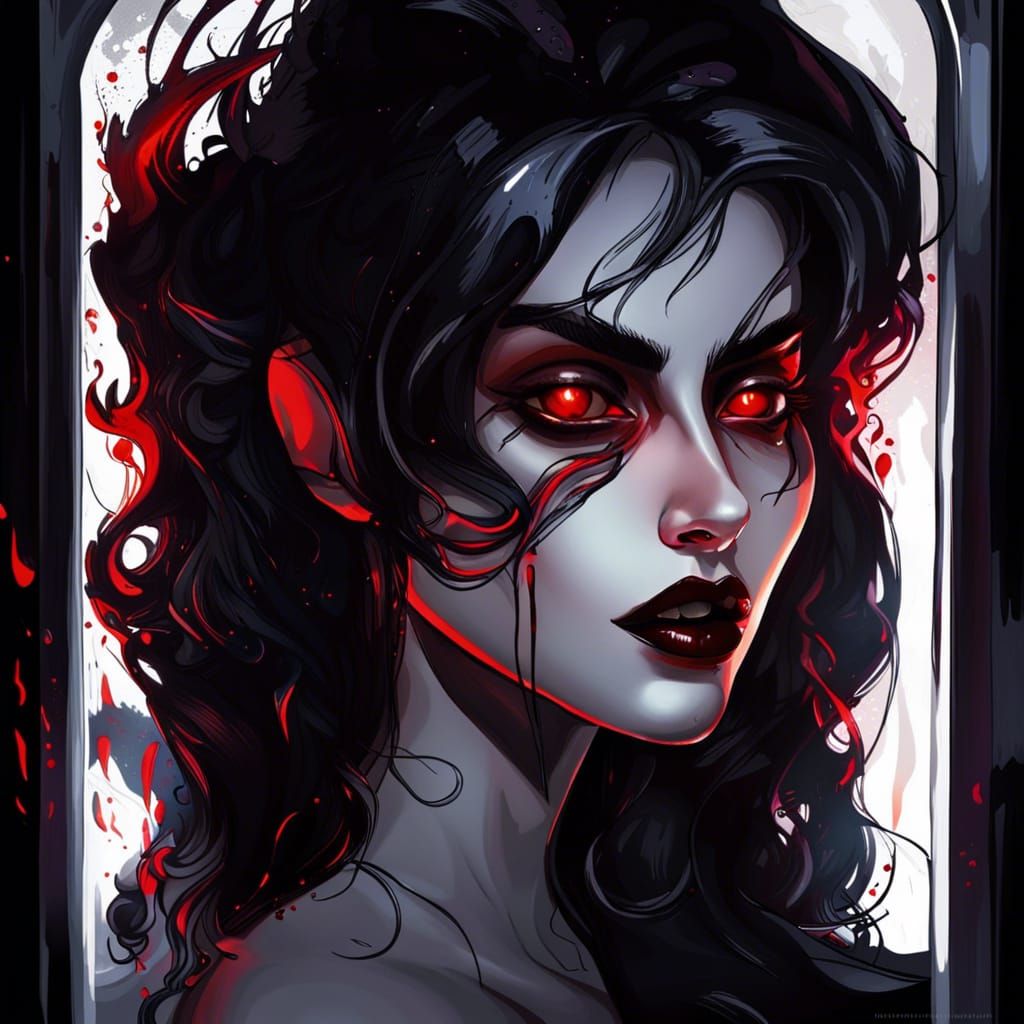 Enticing Vampire Woman in a Mirror, Hyperrealistic Art