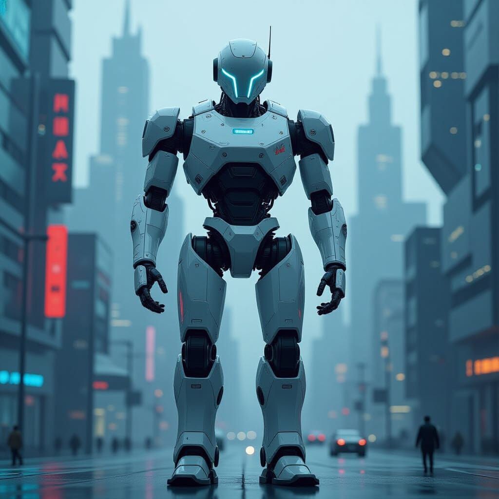 Futuristic Robot Peter in Sleek Cityscape