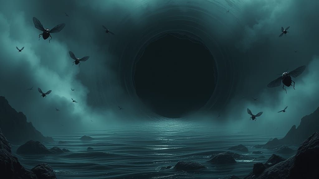 Eerie Black Hole Consumes the Sea: Dark Fantasy Art