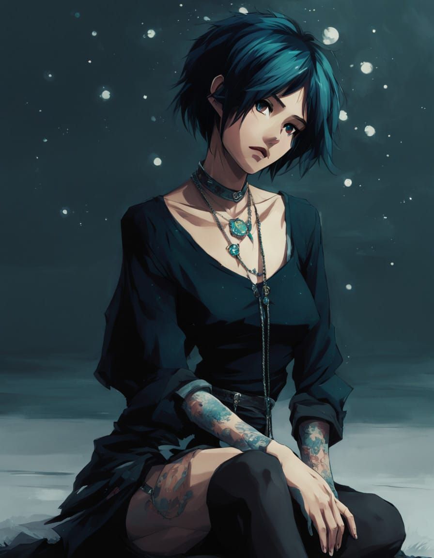 Barefoot Anime Girl in Contemplative Pose with Dark Punk Acc...