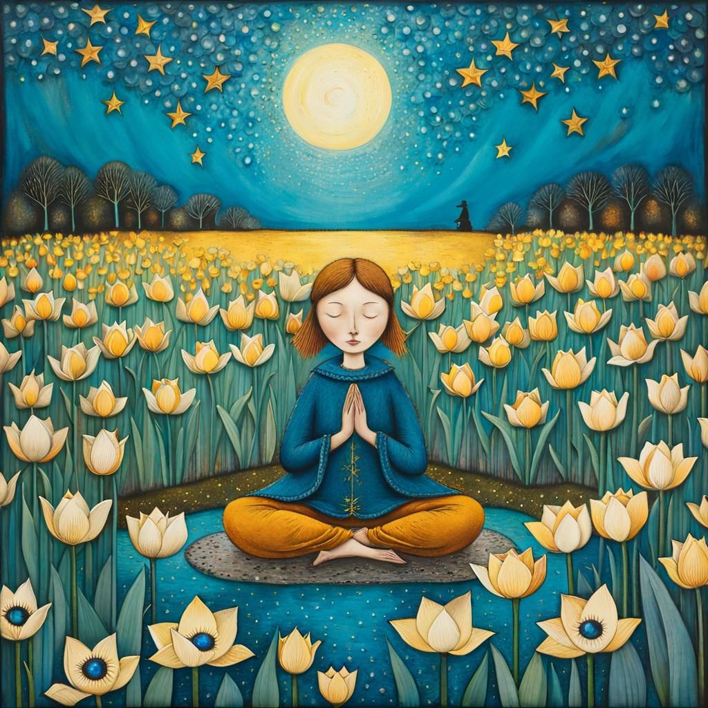 Happy Girl in Lotus Position, Vintage Fairytale Style