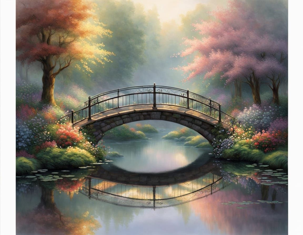 Wrought Iron Bridge Reflection in Kinkade Style