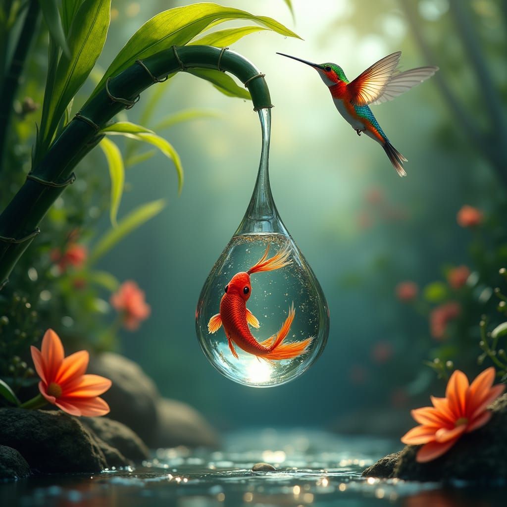 Fighter Fish in a Water Droplet, Amidst a Lush Garden Scene