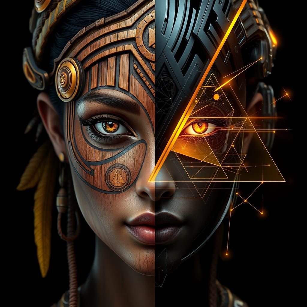 Surreal Digital Portrait Blends Tribal and Futuristic Elemen...