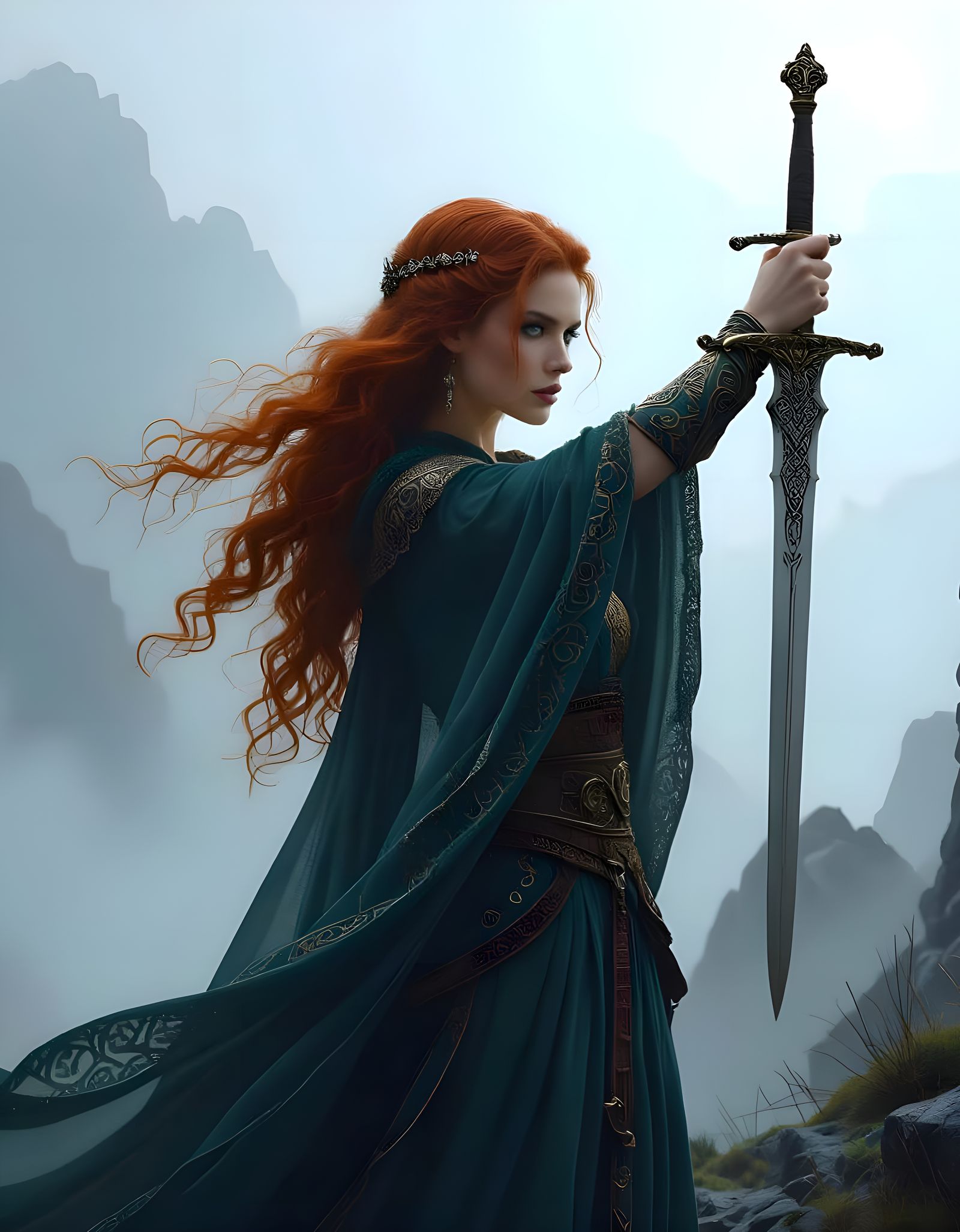 Celtic Woman with Sword in Pre-Raphaelite Style