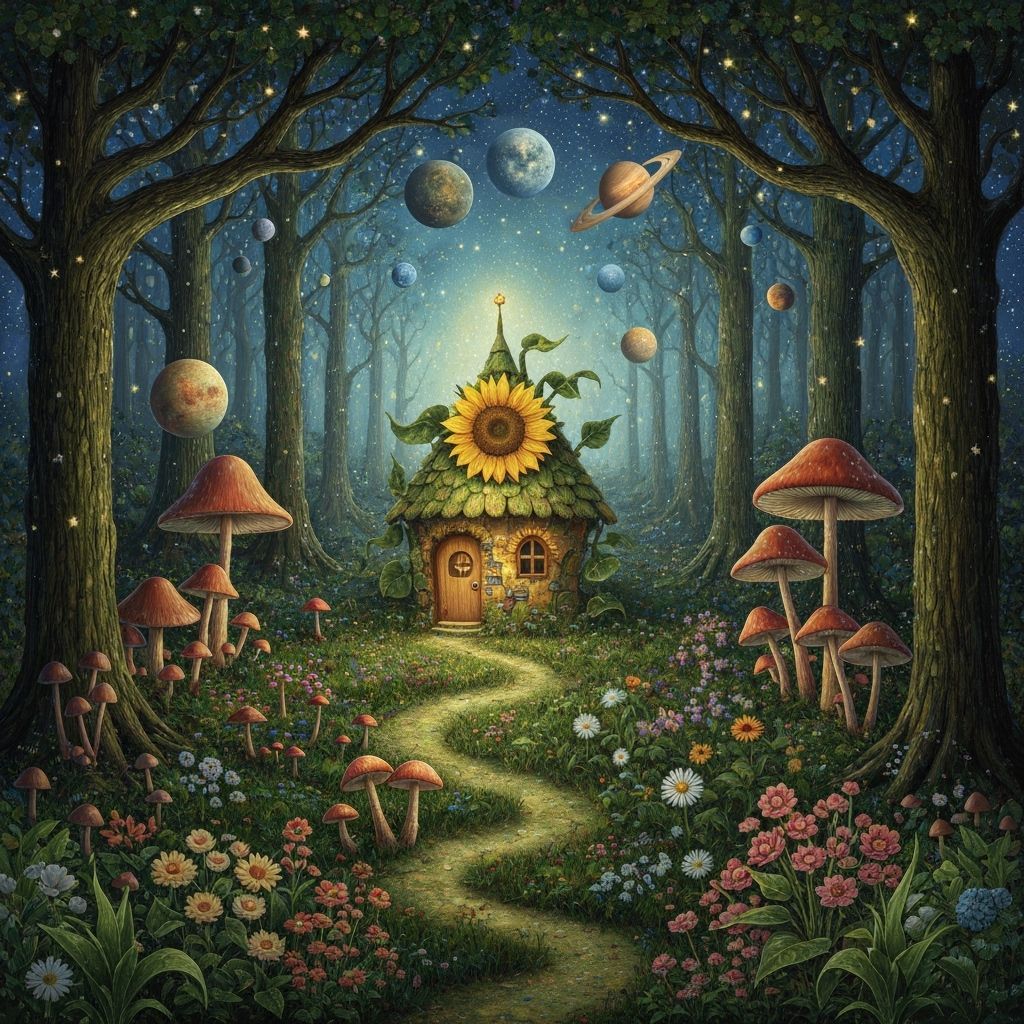 Sunflower House in Fairy Forest, Surrealist Style