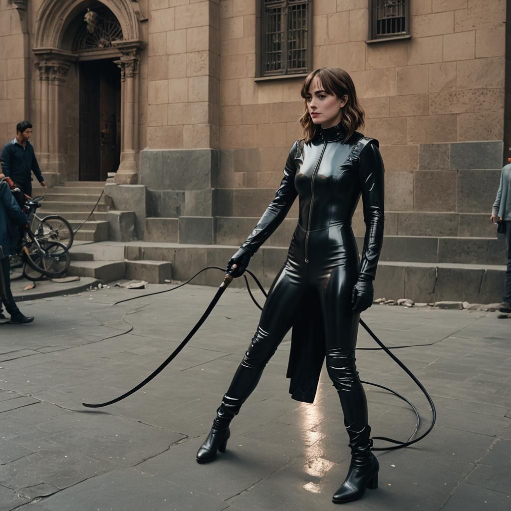 Woman in Latex Catsuit with Whip: Cinematic Film Still