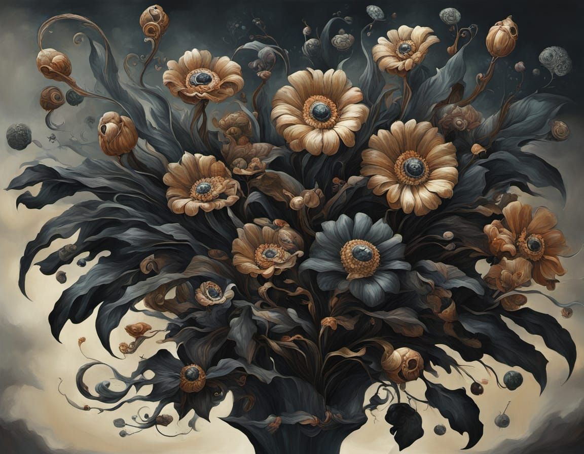 Surreal Bronze Flowers in Retrofuturist Fantasy Style