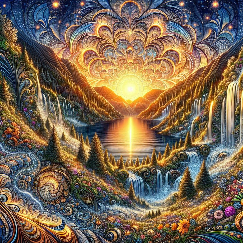 Mountain Lake Sunrise with Abstract Fractal Design