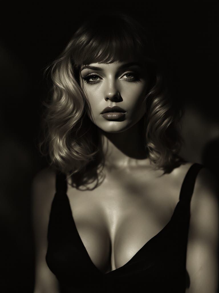 Pin-Up Woman with Pink-Tipped Hair in Dramatic Lighting