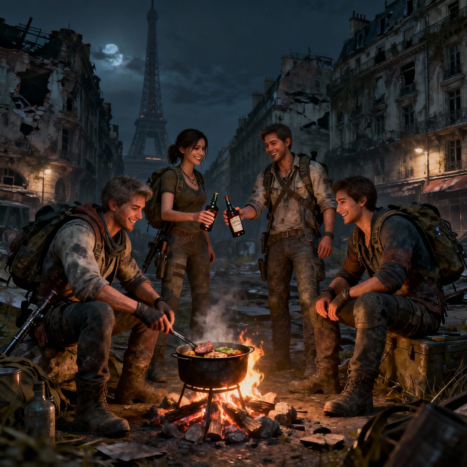 Survivors Around Campfire in Paris Ruins
