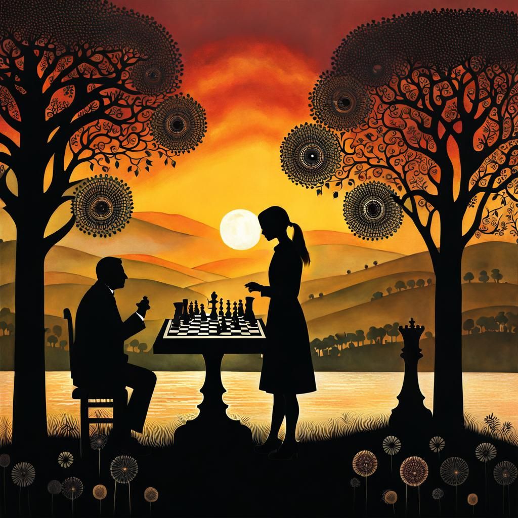Father and Daughter Chess Game at Sunset: Digital Art
