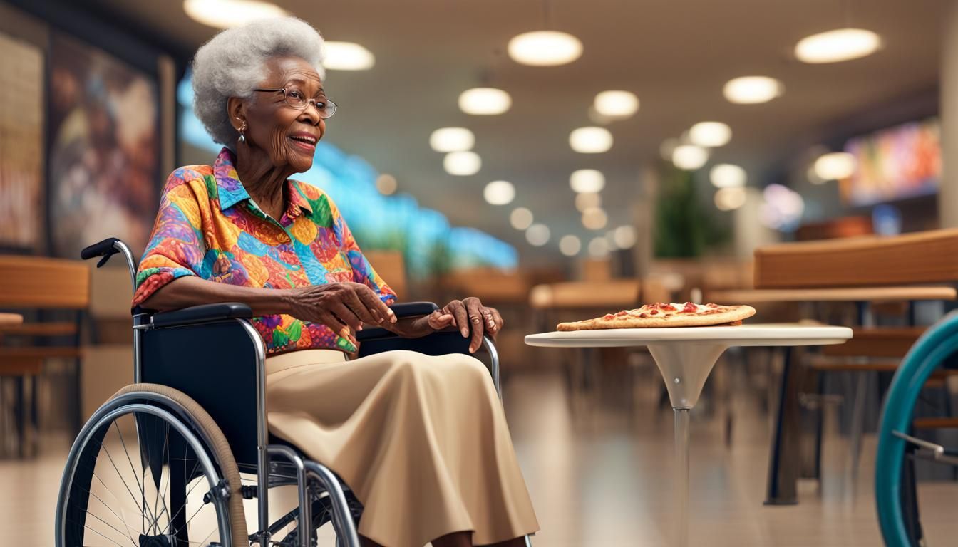 Elderly Woman Enjoying Pizza, Hyperrealistic Digital Art