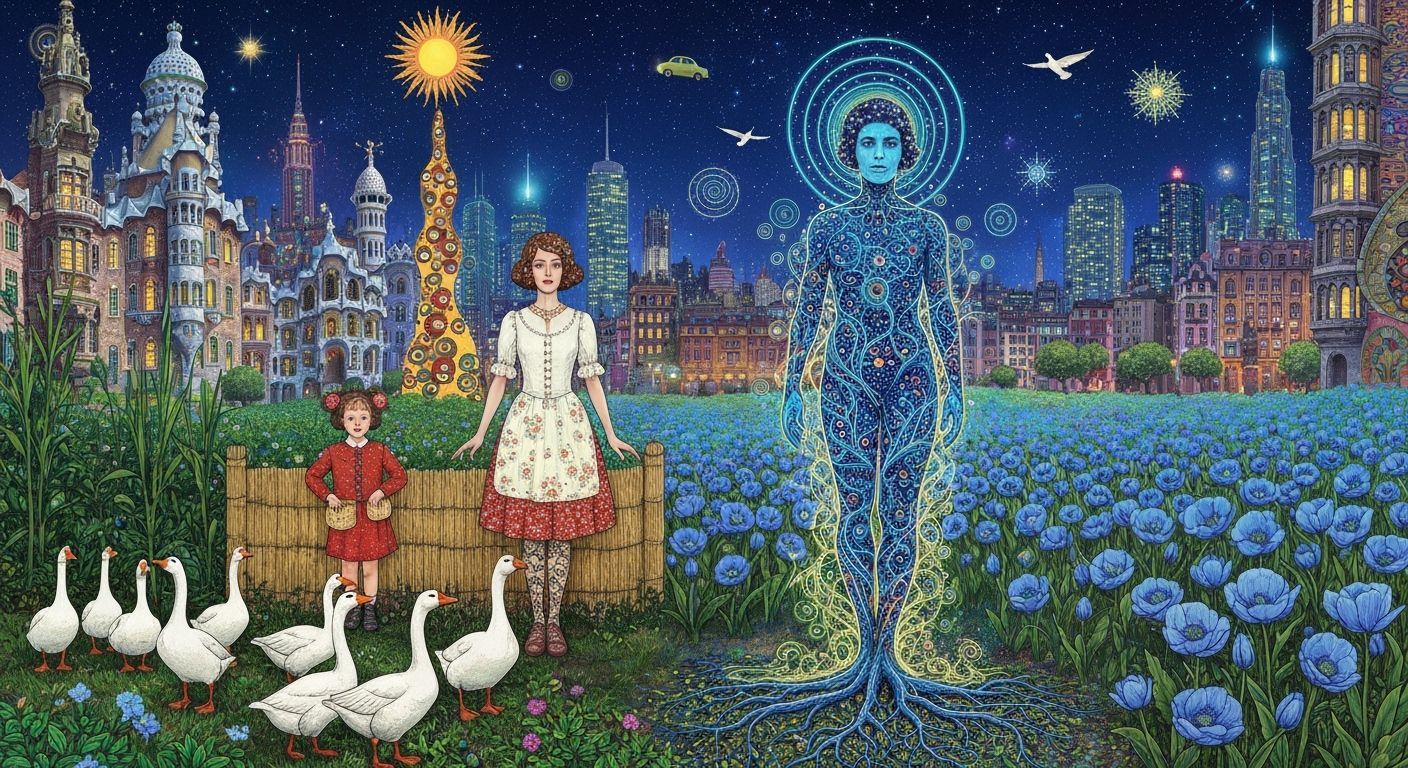 Folkloric Robot and Geese in Surreal Eco-Art Garden