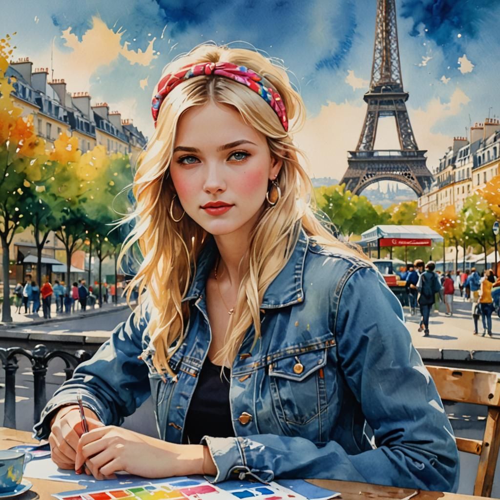 Woman Poses in Paris, Watercolor Illustration