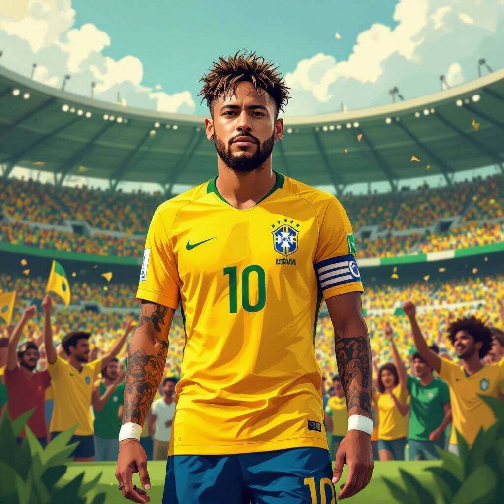 Neymar in Brazil Jersey, Stylized Digital Illustration