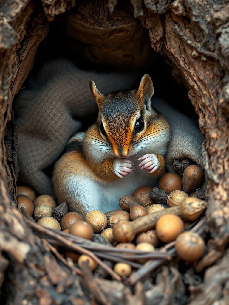 Chipmunk in Cozy Hollow Tree, Detailed Illustration