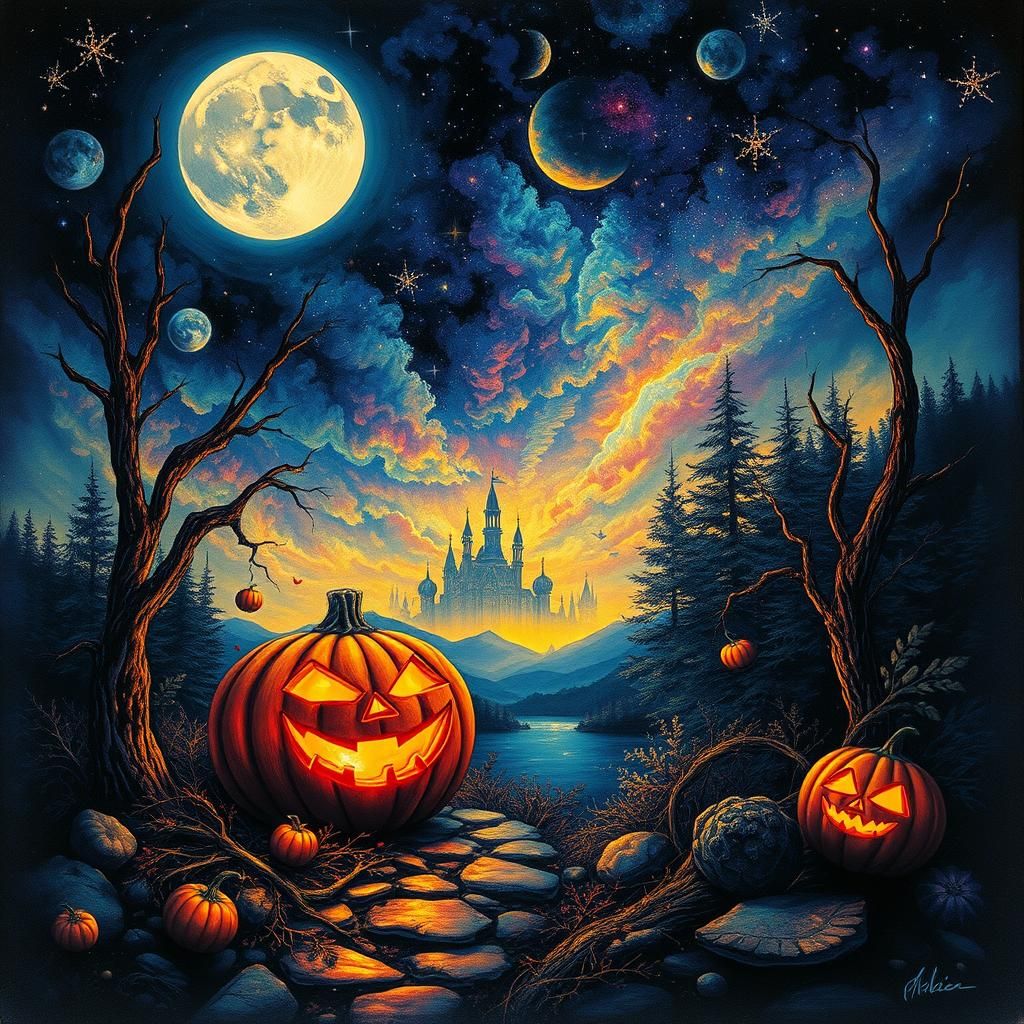 Ominous Jack-o-Lantern in a Surreal Moonlit Fantasy