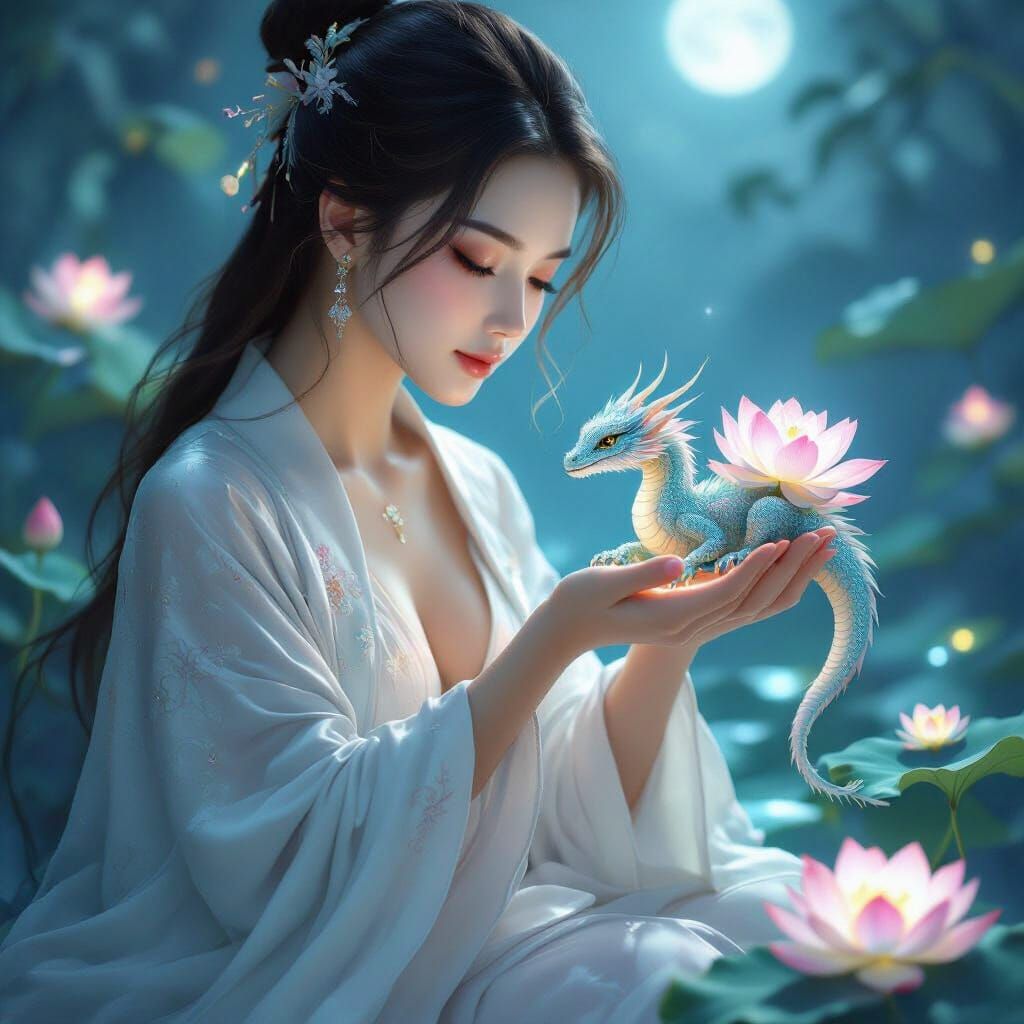 Ethereal Digital Painting of Woman Holding Dragon and Lotus