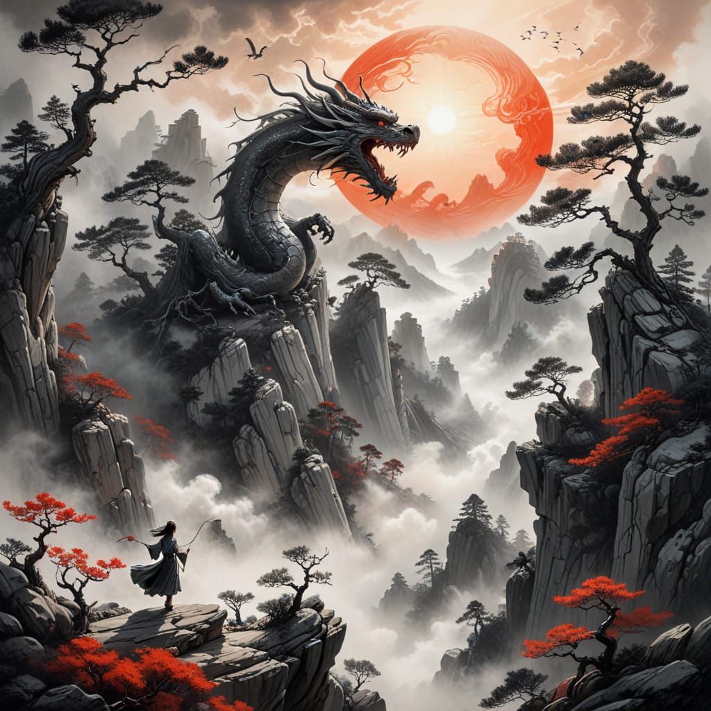 Magical Dragon Soaring Over Misty Cliffs in Ink