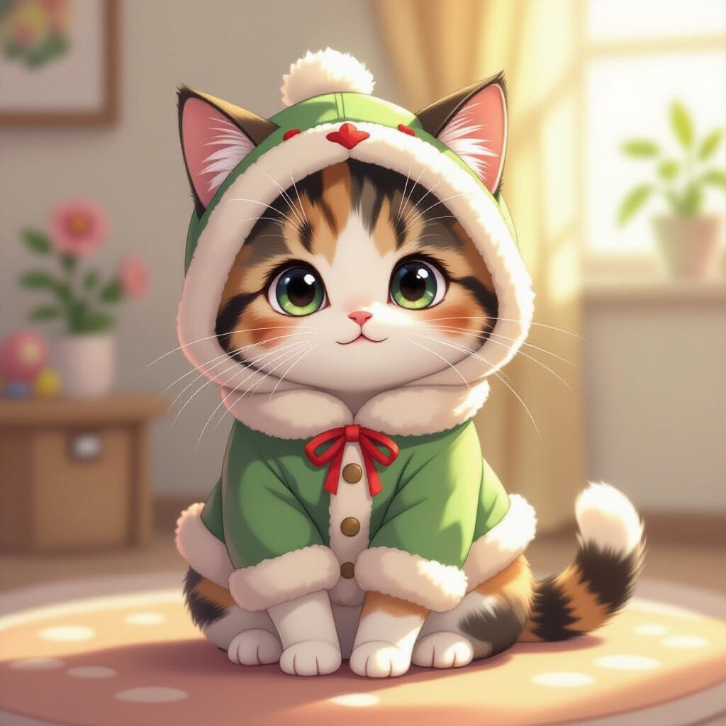 Cute Tricolour Cat in Adorable Chiikawa Outfit