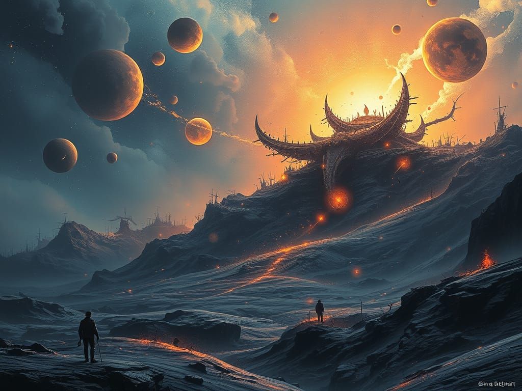 Cosmic God Seeds Life on Barren Earth in Vibrant Digital Art