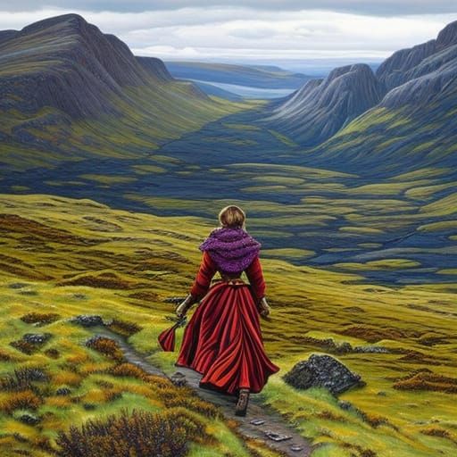 Woman Hiking Across a Moor in Surreal Style