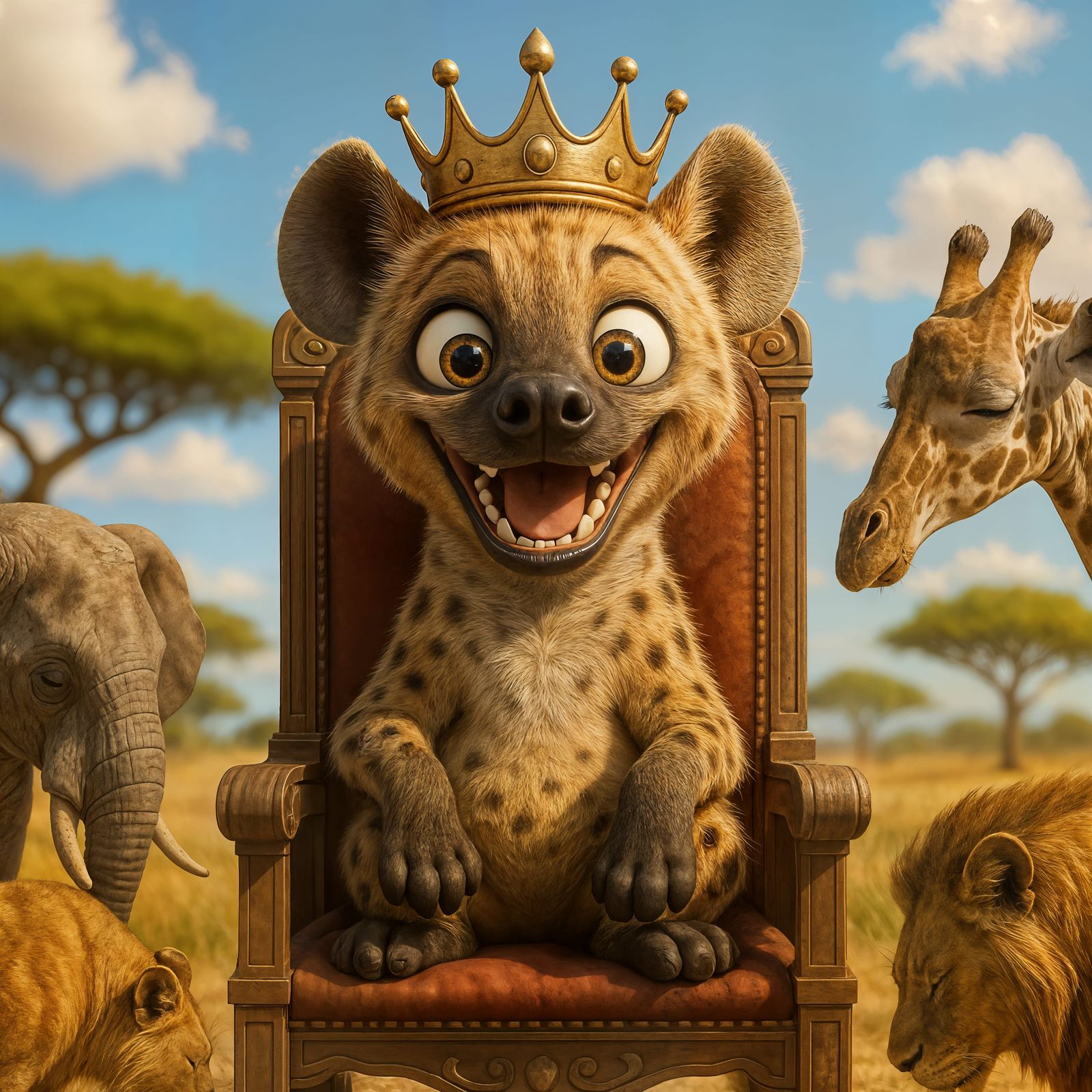 Joyful Hyena Queen on Throne with Animal Servants